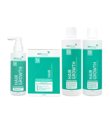 Neofollics Shampoo + Conditioner + Serum + Tabletten Behandlung von fortgeschrittenem erblich bedingtem Haarausfall bei Männern - Hairgivers